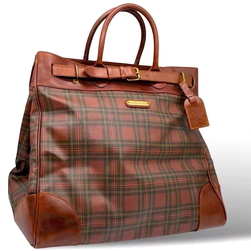RALPH LAUREN Tartan Plaid Brown Green Doctor Bag Boston Weekend Travel Suitcase
